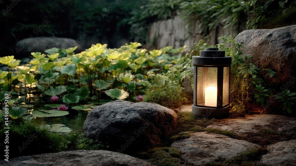 Poster tea pavilion with minimalism and rock by lantern concept. a serene scene with a lantern beside a pea