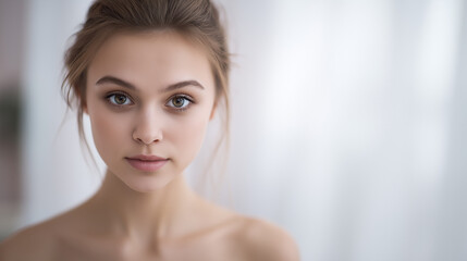 Young woman with radiant skin in soft light, embodying natural beauty and serenity.