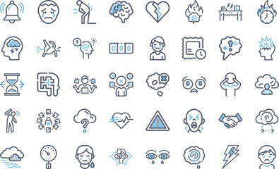 Set of mental health issues stress burnout anxiety depression and emotional distress icons