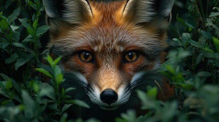 Close-up of a red fox peering through foliage