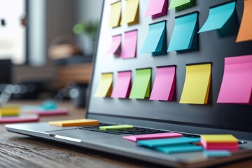 Colorful Sticky Notes on Laptop Displaying Creative Work Environment