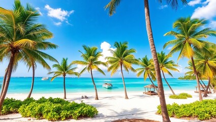 Fototapeta premium Tropical island beach with palm trees and clear blue water