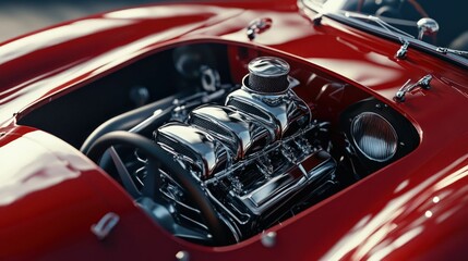 Obraz premium Gleaming Chrome Engine of a Classic Red Sports Car