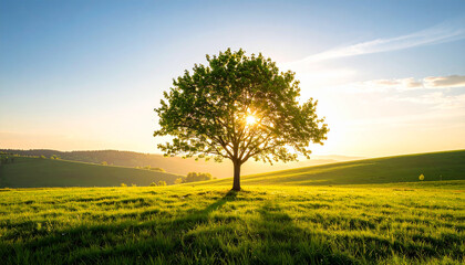 Fototapeta premium Golden Light on Verdant Field: A lone tree stands bathed in the warm embrace of sunlight filtering through its lush canopy, casting a long shadow across a vibrant green field.
