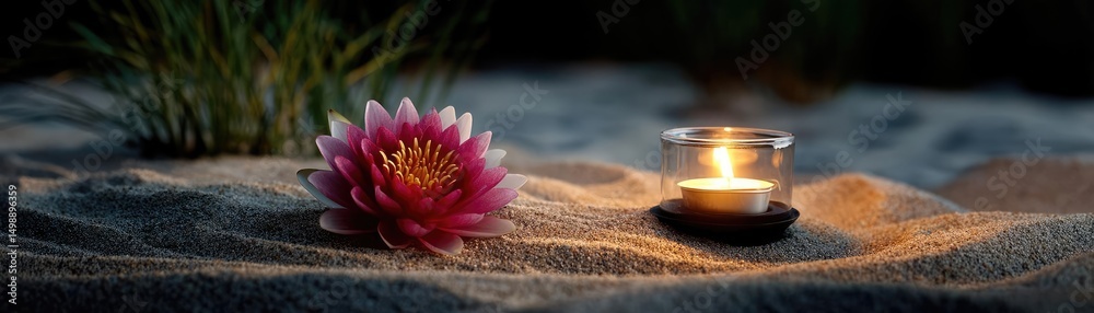 Poster Raked sand patterns in tranquility with lantern and lotus concept. A serene scene featuring a lotus flower and a candle on sand.