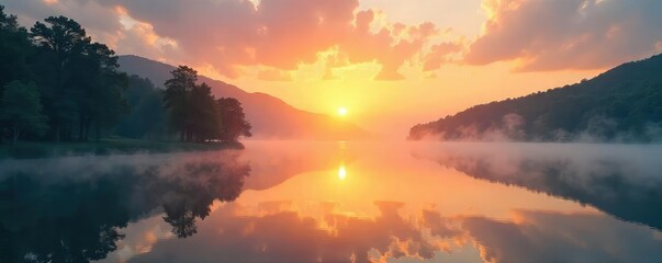 Serene sunrise over a tranquil lake, mist rising, conveying a sense of peaceful spirituality and ethereal beauty , meditation, light, still