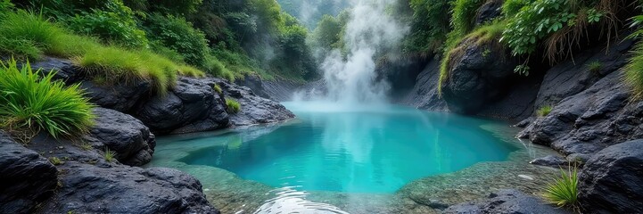 Steam rises from a crystal-clear natural hot spring pool, surrounded by lush green vegetation and smooth, dark volcanic rocks Perfect for relaxation and spa-like imagery , mineral water, water