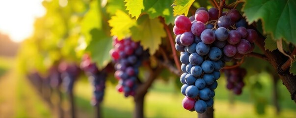 Naklejka premium Sun-drenched bunches of ripe grapes hang heavy on the vine, ready for harvest The vibrant colors and lush foliage depict the abundance of the autumnal grape harvest season , vine, agriculture