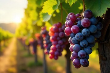 Sun-drenched bunches of grapes hanging heavy on the vine, ready for the harvest and transformation into homemade grapevine wine A picturesque scene of rural winemaking , sun, wine, grapevine