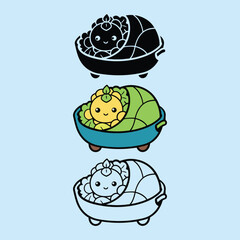 Cute cartoon turtle inside its shell in color and outline styles