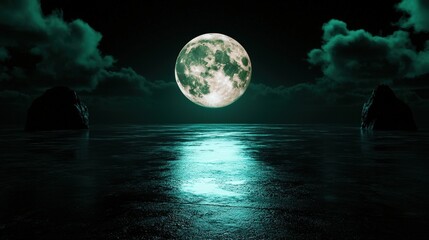 Moonlit ocean scene remote location high-quality image nighttime atmosphere serene viewpoint tranquility concept