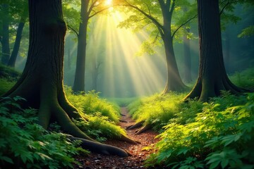 Obraz premium Sunlight dapples the forest floor, illuminating lush ferns and ancient trees in a tranquil woodland scene A sense of peace and wild beauty pervades the image , wilderness, green