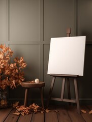 Cozy autumn scene featuring an empty canvas on an easel beside a wooden stool and fallen leaves