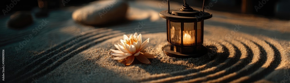 Poster raked sand patterns in tranquility with lantern and lotus concept. a serene lantern and flower on so