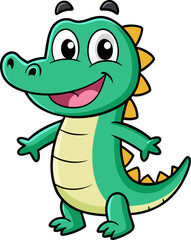 Happy cartoon alligator standing with arms up in friendly and fun gesture for playful wildlife art