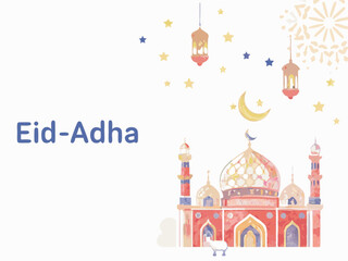 Fototapeta premium Eid Mubarak greeting card with Islamic calligraphy of a mosque, featuring a vector illustration of an Asian landmark and a symbolic dome architecture
