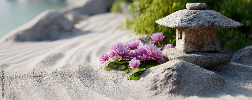 Poster raked sand patterns in tranquility with lantern and lotus concept. a serene garden scene featuring p