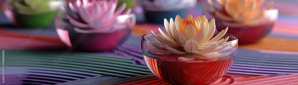 Poster Raked sand patterns in tranquility with lantern and lotus concept. Colorful flower bowls create a serene and calming atmosphere.