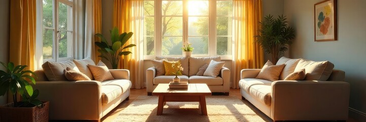 A cozy family living room, sunlight streaming through windows illuminating comfortable furniture, creating a peaceful and relaxing atmosphere ideal for rest and rejuvenation , sunlight, tranquility