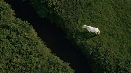 breathtaking aerial view of serene nature reserve featuring solitary white horse grazing peacefully in lush green