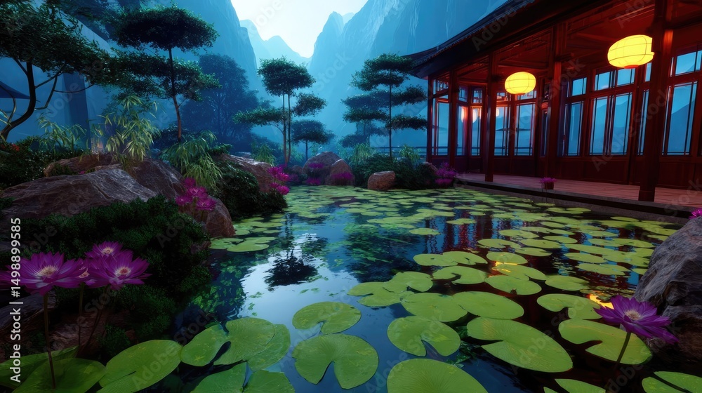 Aufkleber tea pavilion with minimalism and rock by lantern concept. serene pond with lotus flowers and traditi