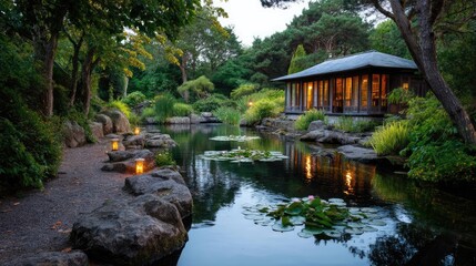 Fototapeta premium Tea pavilion with minimalism and rock by lantern concept. Tranquil garden scene with pond, lush greenery, and illuminated gazebo.