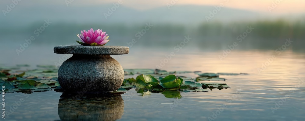 Poster tea pavilion with minimalism and rock by lantern concept. serene water lily on a stone in a tranquil