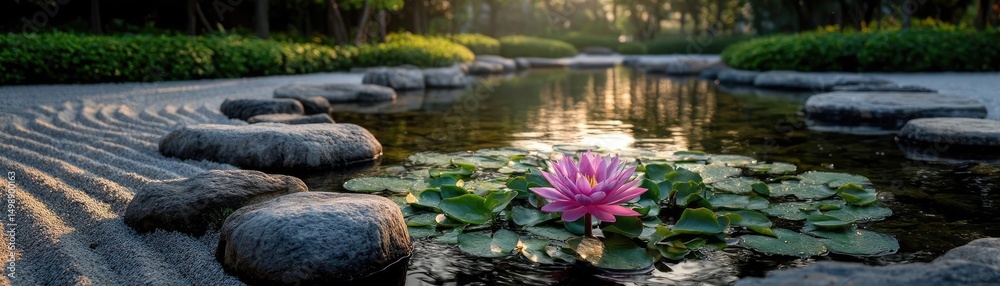 Poster raked sand patterns in tranquility with lantern and lotus concept. a serene garden scene featuring a