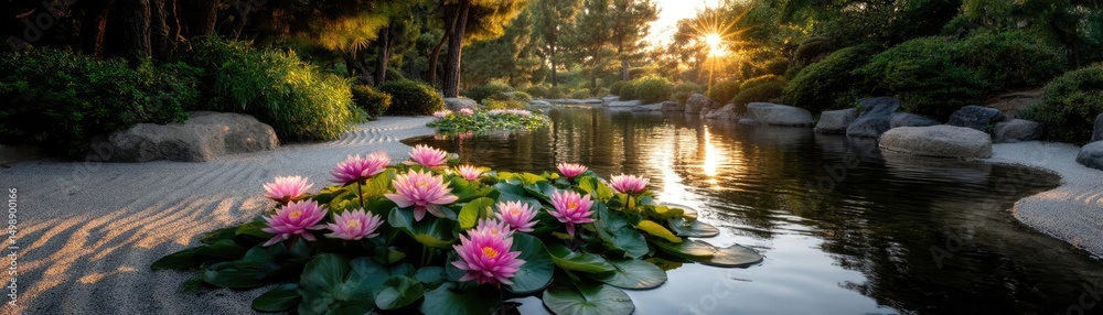 Poster raked sand patterns in tranquility with lantern and lotus concept. tranquil water garden featuring b