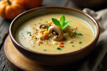 A rustic bowl brimming with creamy mushroom soup, garnished with fresh herbs and a sprinkle of cracked black pepper  Perfect for autumn or a cozy night in ,  comfort food,  home cooking,  stock