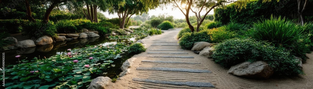 Poster raked sand patterns in tranquility with lantern and lotus concept. a serene garden pathway surrounde