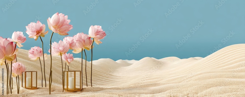 Poster raked sand patterns in tranquility with lantern and lotus concept. delicate pink flowers stand tall 