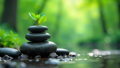 A serene scene depicting a perfectly balanced arrangement of natural elements, suggesting equilibrium and inner peace The image evokes a sense of calm and harmony , nature, stability