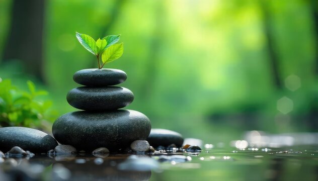 A serene scene depicting a perfectly balanced arrangement of natural elements, suggesting equilibrium and inner peace The image evokes a sense of calm and harmony , nature, stability