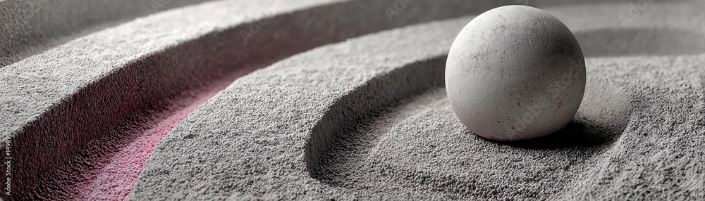 Poster Raked sand patterns in tranquility with lantern and lotus concept. Abstract design featuring a spherical shape in textured sand.
