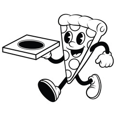 This image features a playful black-and-white cartoon illustration of an anthropomorphic pizza slice. The pizza slice has a smiling face with expressive eyes and is animated with arms and legs,