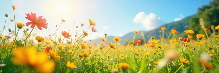 Obraz premium A sun-drenched field of wildflowers gently swaying in the breeze, embodying carefree joy and summer bliss Perfect for themes of positivity, relaxation, and well-being , golden hour, bloom