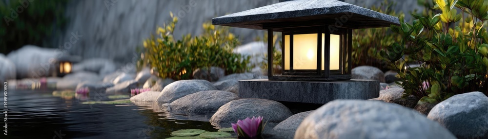 Poster tea pavilion with minimalism and rock by lantern concept. a tranquil garden scene with a lantern by 