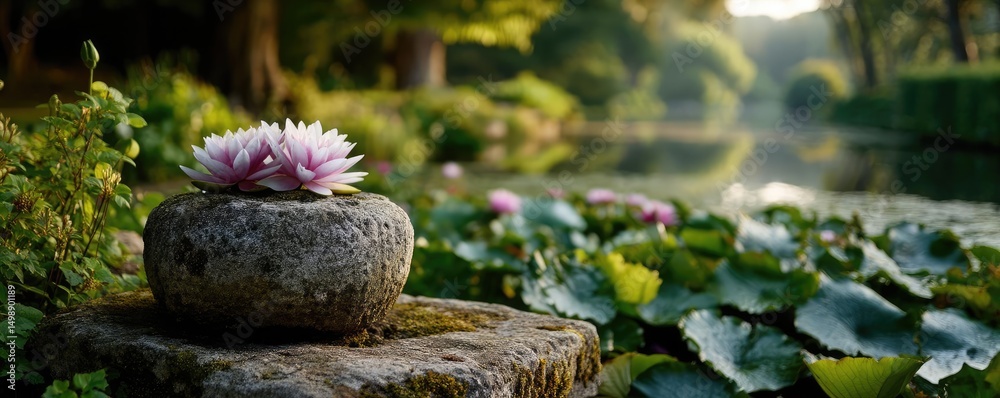 Aufkleber stone lantern in harmony with peaceful lotus pond concept. serene water lily on a stone in a tranqui