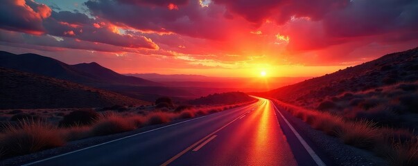 A winding road disappears into a vibrant sunset, symbolizing the exciting possibilities and unknown adventures that lie ahead on life's journey , path, horizon