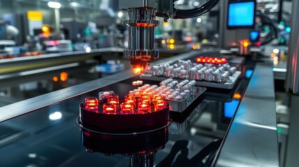 High-tech pharmaceutical production line modern factory industrial process cleanroom environment focused viewpoint