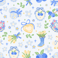 Blueberry and Flower Seamless Pattern with Bows and Tulips, Cottagecore Pastel Spring Background for Fabric or Stationery