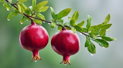 Two red pomegranates hanging from a branch. The pomegranates are wet from the rain