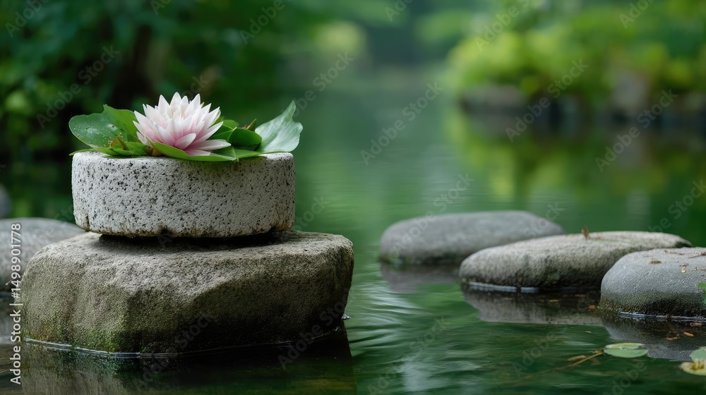 Poster stone lantern in harmony with peaceful lotus pond concept. a serene water lily floating on a tranqui