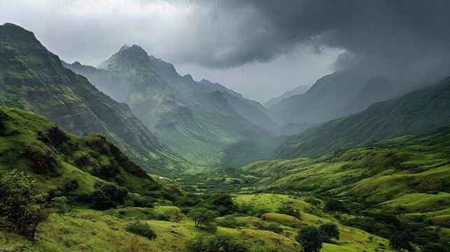 Fototapeta A lush green valley nestled between mountains under a moody sky, with rain showers creating a dramatic monsoon atmosphere. 