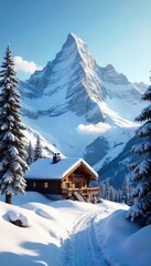 Fototapeta premium Cozy chalet nestled amidst towering snow-capped peaks, ideal for a mountain climbing adventure Picture perfect winter scene, ready for your next project , cold, expedition