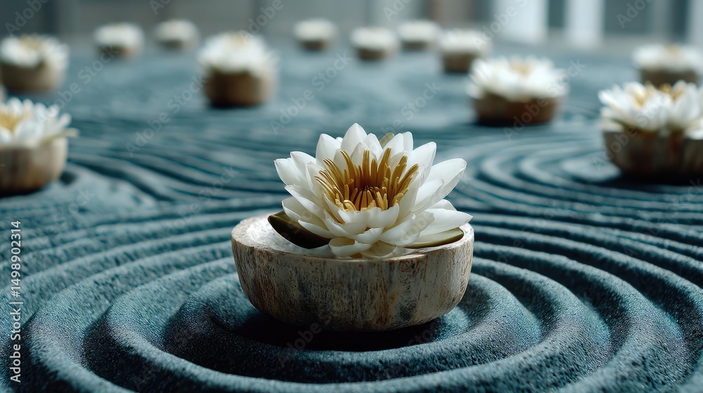 Poster Raked sand patterns in tranquility with lantern and lotus concept. A serene water lily floating in a tranquil zen garden.