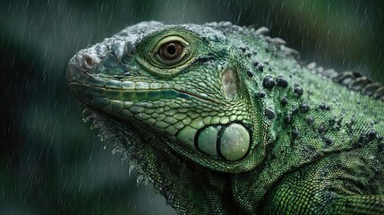Fototapeta premium A close-up of a green iguana in the rain highlights its detailed scaled skin texture against a tropical rainforest backdrop. 