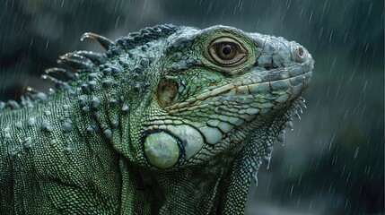 Fototapeta premium A close-up of a green iguana in the rain highlights its detailed scaled skin texture against a tropical rainforest backdrop. 