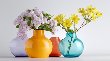 Row of vases with flowers in them, each one a different color. The vases are arranged in a row, with the yellow one in the middle and the purple one on the left. The blue vase is on the right